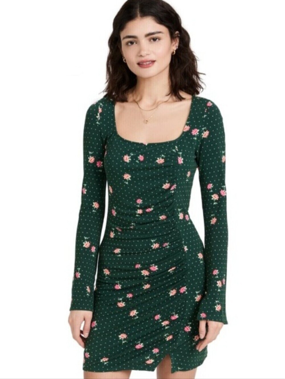 New $108 Free People Celia Women's Floral Ruched Long-Sleeve Dress - XS